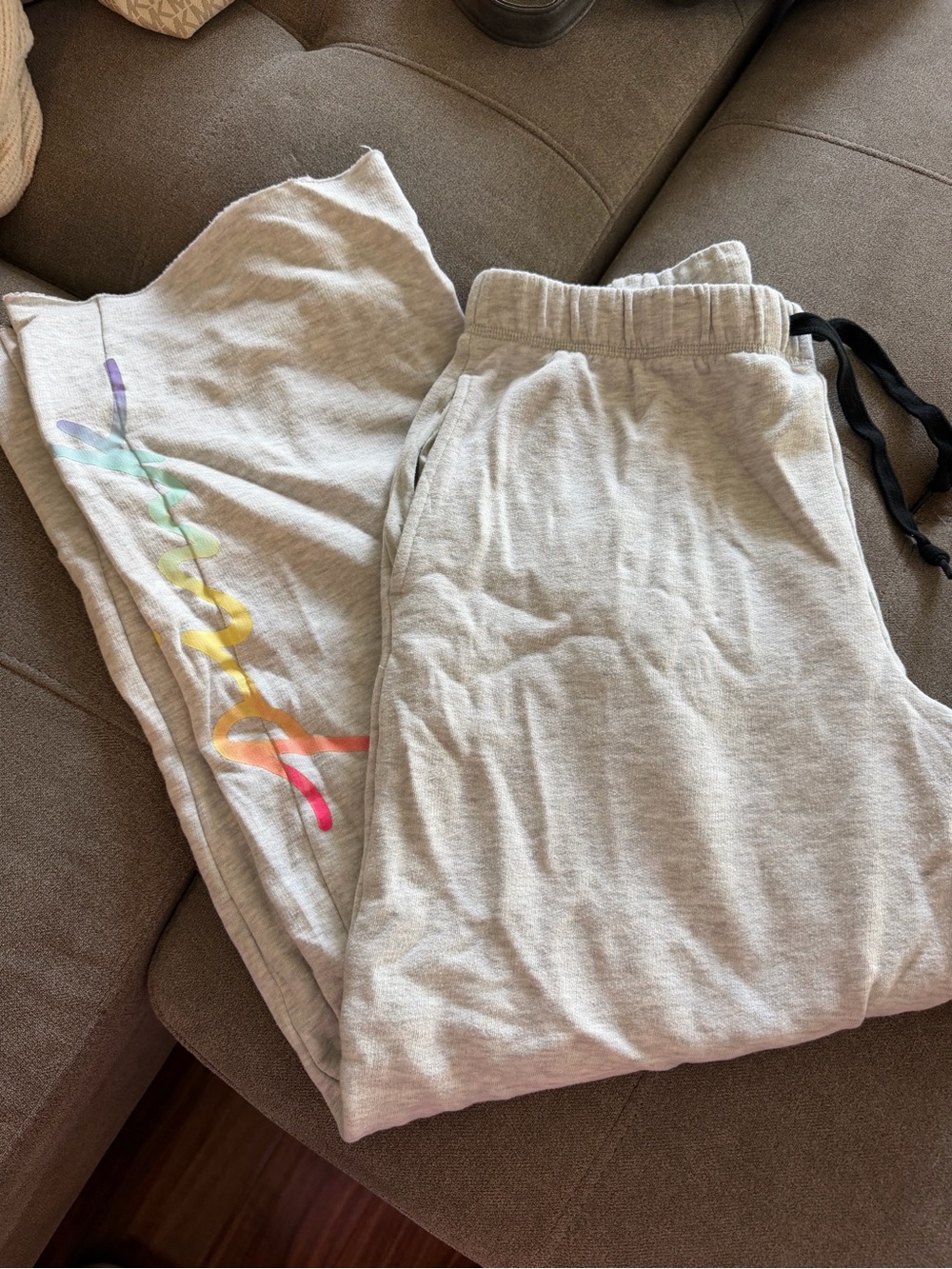 PINK Victoria's Secret Light Gray Wide Leg Sweatpants with Rainbow Script